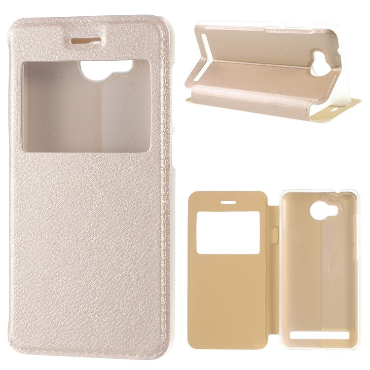 Stand View Window Leather Folio Cover for Huawei Y3II / Y3 II - Gold-1