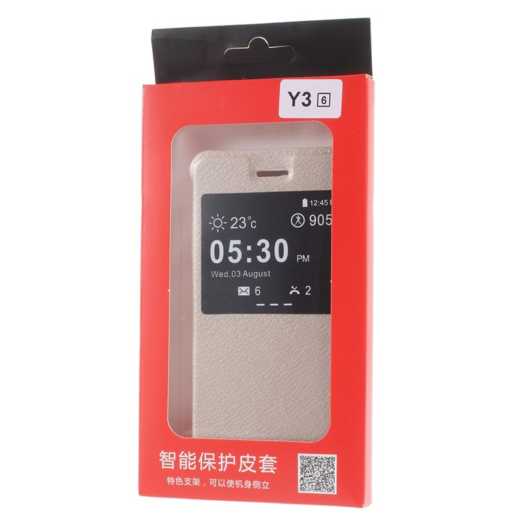 Stand View Window Leather Folio Cover for Huawei Y3II / Y3 II - Gold-8