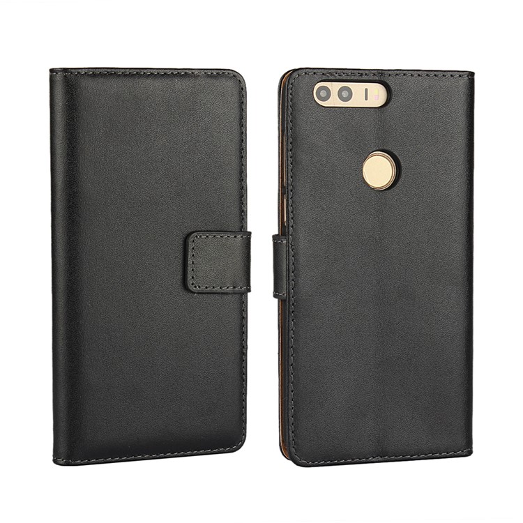 Genuine Split Leather Wallet Stand Case for Huawei Honor 8 - Black-1