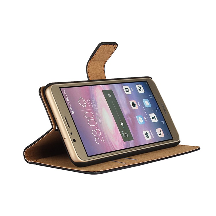 Genuine Split Leather Wallet Stand Case for Huawei Honor 8 - Black-2
