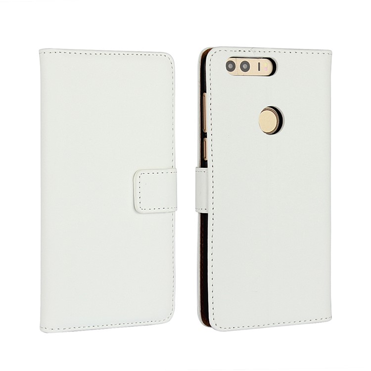 Genuine Split Leather Wallet Stand Cover for Huawei Honor 8 - White-1
