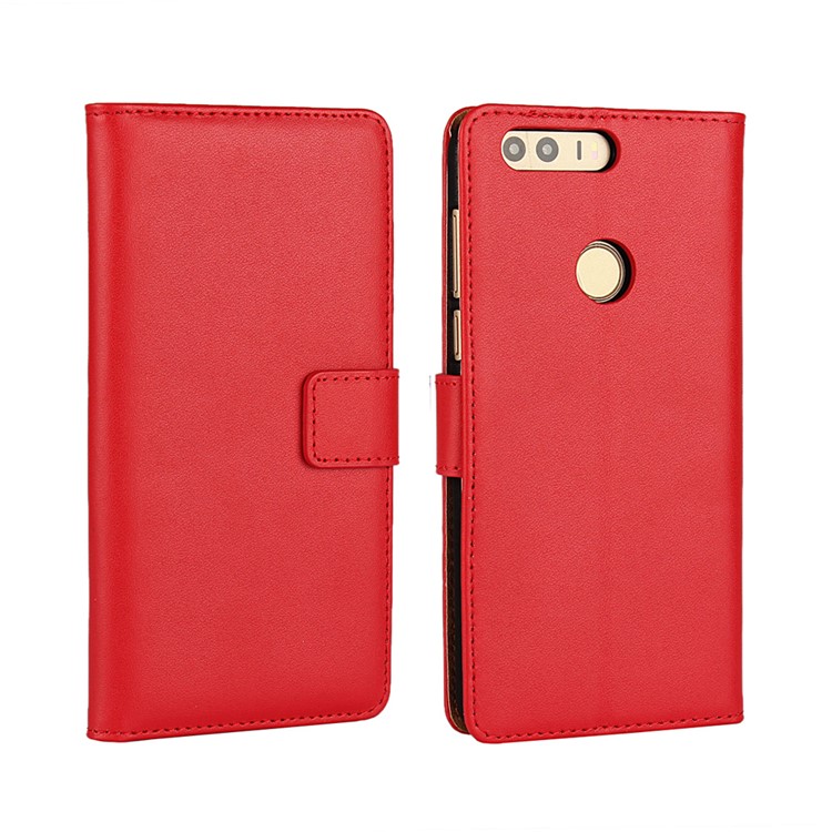 Genuine Split Leather Wallet Stand Shell for Huawei Honor 8 - Red-1
