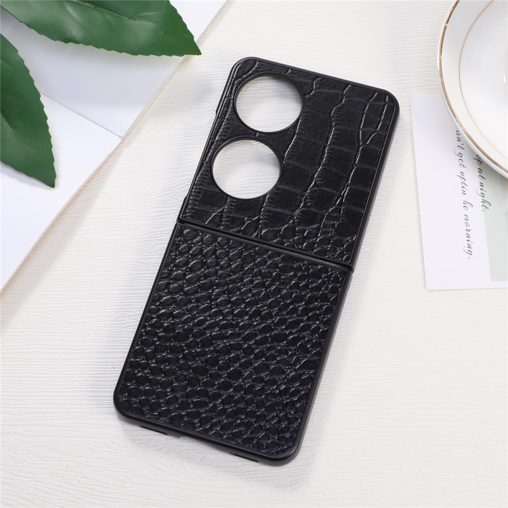 For Huawei P50 Pocket Crocodile Texture Genuine Leather Flip Phone Case Coated Hybrid Bottom Mobile Phone Case Accessory - Black-2