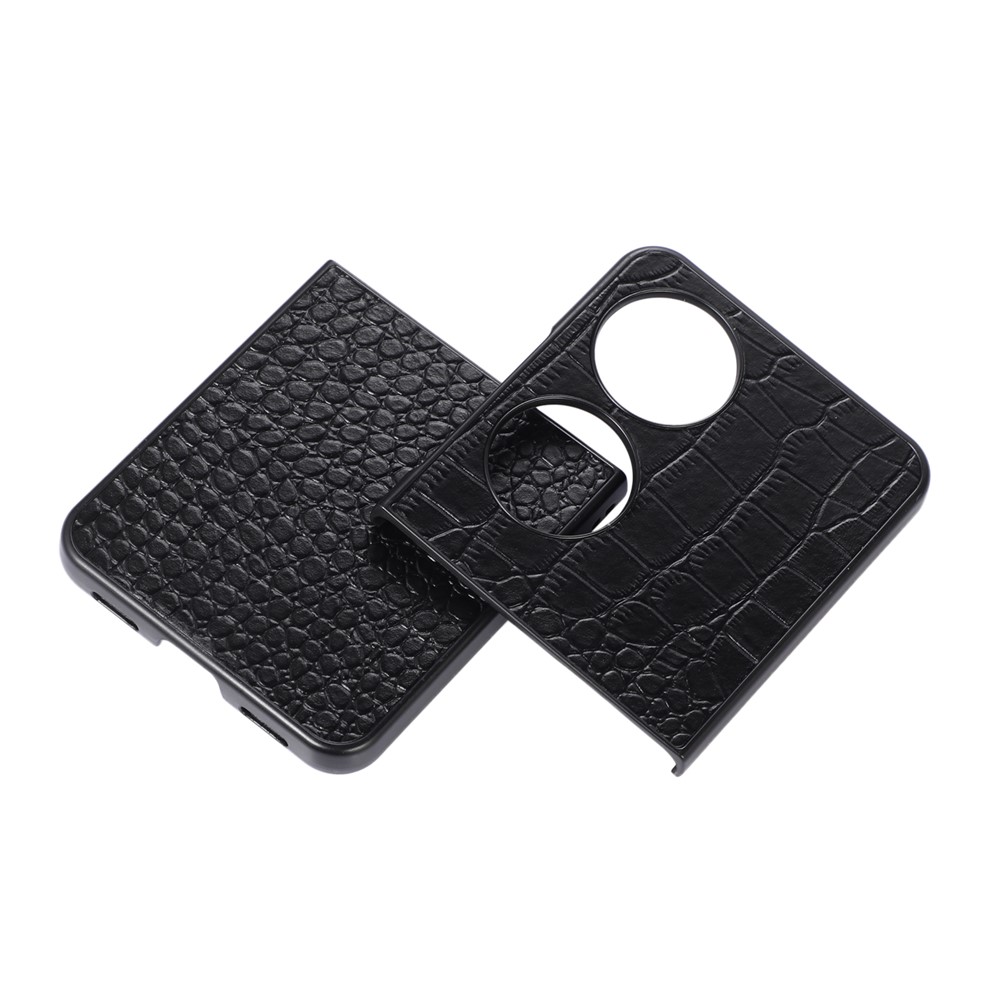 For Huawei P50 Pocket Crocodile Texture Genuine Leather Flip Phone Case Coated Hybrid Bottom Mobile Phone Case Accessory - Black-3