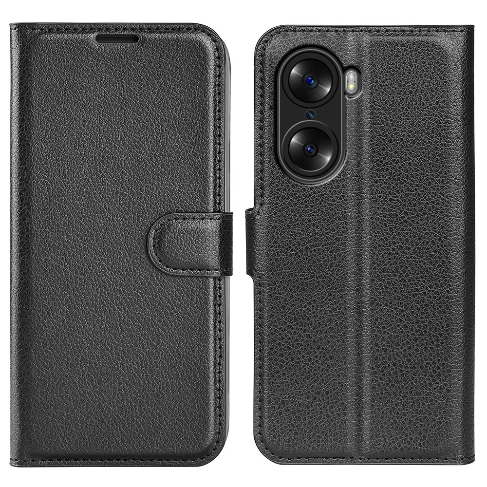 For Honor 60 Pro PU Leather Litchi Texture Shockproof Case Magnetic Closure Protective Flip Stand Wallet Phone Cover - Black-1