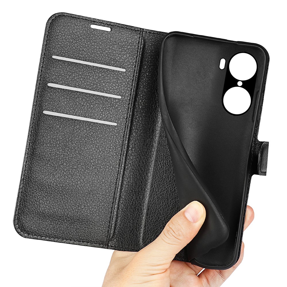 For Honor 60 Pro PU Leather Litchi Texture Shockproof Case Magnetic Closure Protective Flip Stand Wallet Phone Cover - Black-4