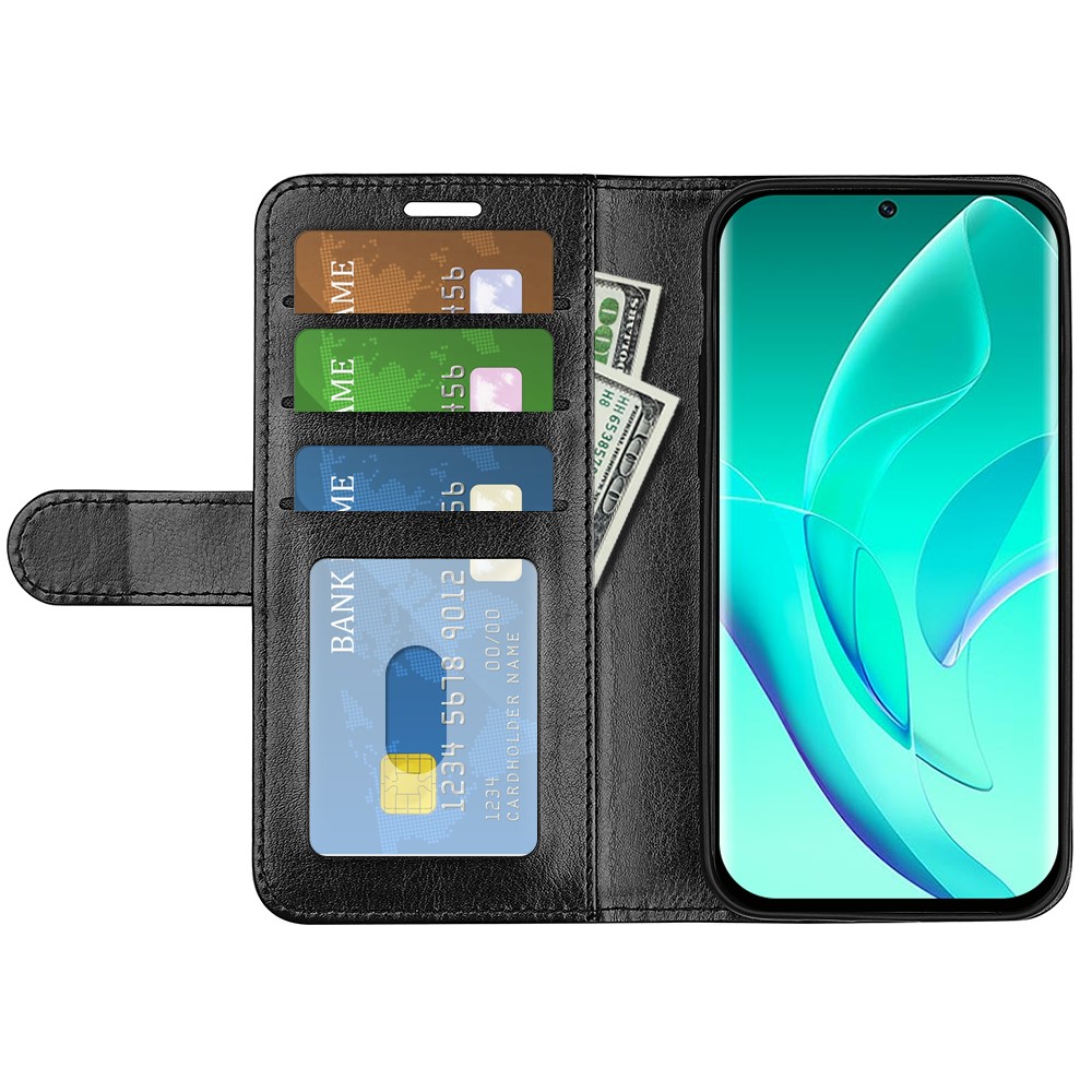 For Honor 60 Pro Crazy Horse Texture Wallet Phone Case PU Leather Attached Inner TPU Magnetic Flip Stand Cover - Black-4