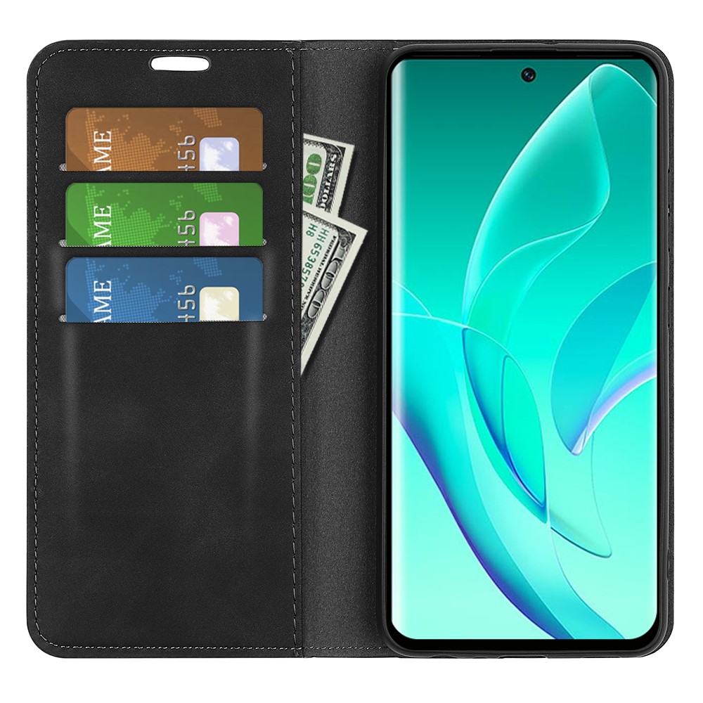 For Honor 60 Pro Skin-touch Feeling PU Leather Cover Stand Hidden Magnetic Adsorption Shockproof Flip Wallet Case - Black-4