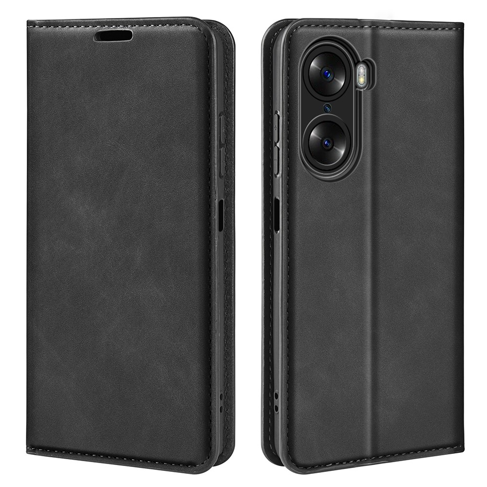 For Honor 60 Skin-touch Feeling PU Leather Flip Wallet Cover Stand Magnetic Adsorption Shockproof Folio Book Case - Black-1