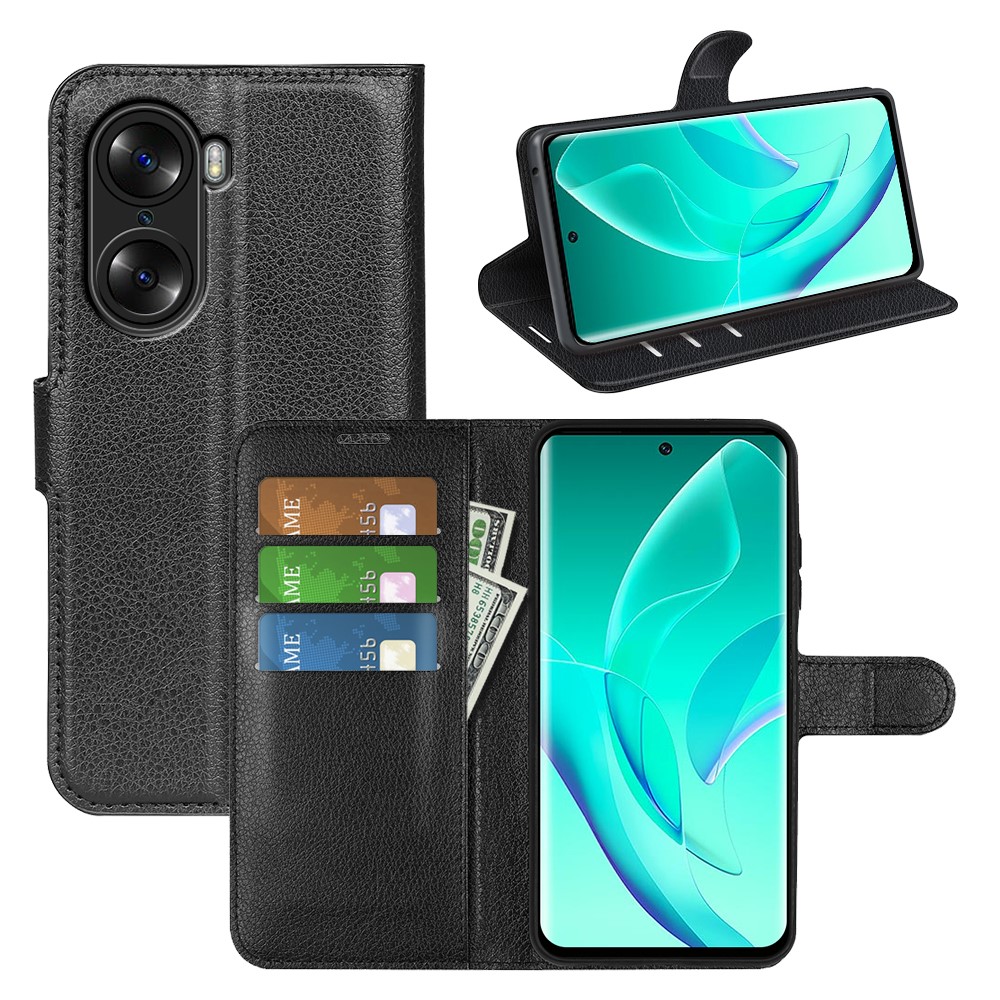 PU Leather Case for Honor 60, Litchi Texture Folding Stand Wallet Flip Cover with Magnetic Clasp - Black-9