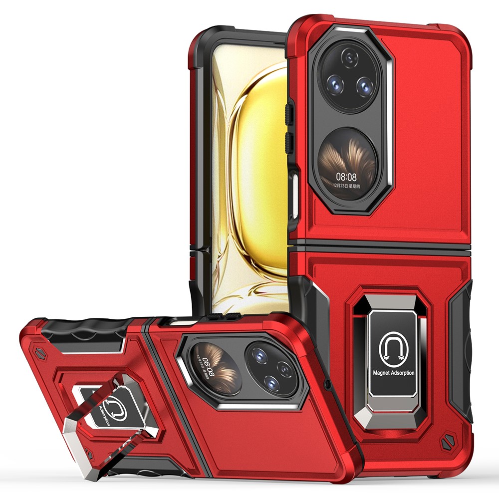 For Huawei P50 Pocket Hard PC + Soft TPU Hybrid Cover Anti-scratch Ring Kickstand Phone Case - Red-1