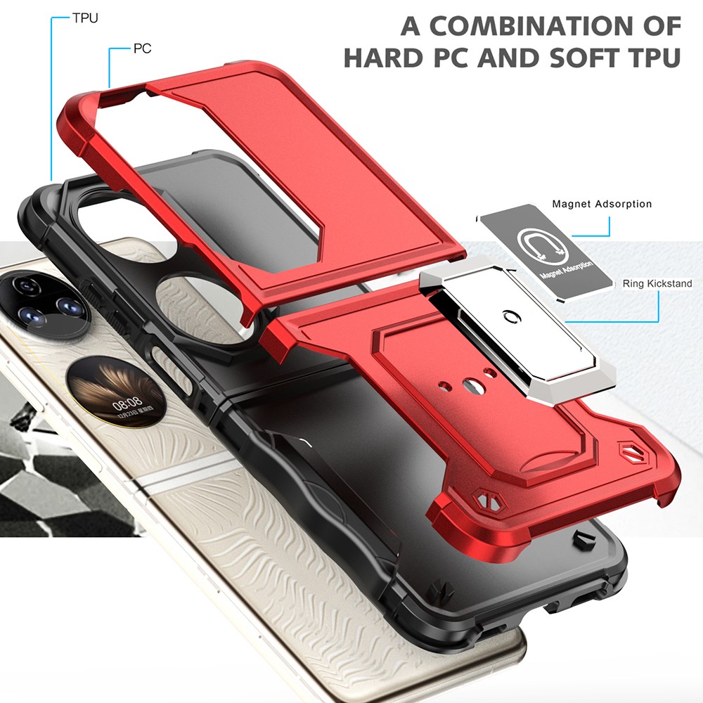 For Huawei P50 Pocket Hard PC + Soft TPU Hybrid Cover Anti-scratch Ring Kickstand Phone Case - Red-2