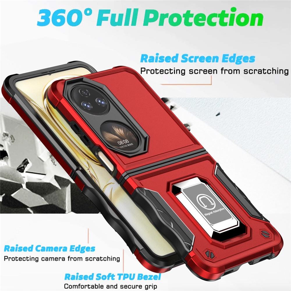 For Huawei P50 Pocket Hard PC + Soft TPU Hybrid Cover Anti-scratch Ring Kickstand Phone Case - Red-3