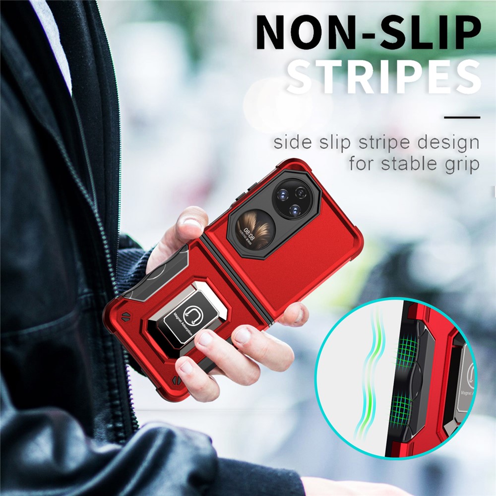 For Huawei P50 Pocket Hard PC + Soft TPU Hybrid Cover Anti-scratch Ring Kickstand Phone Case - Red-5
