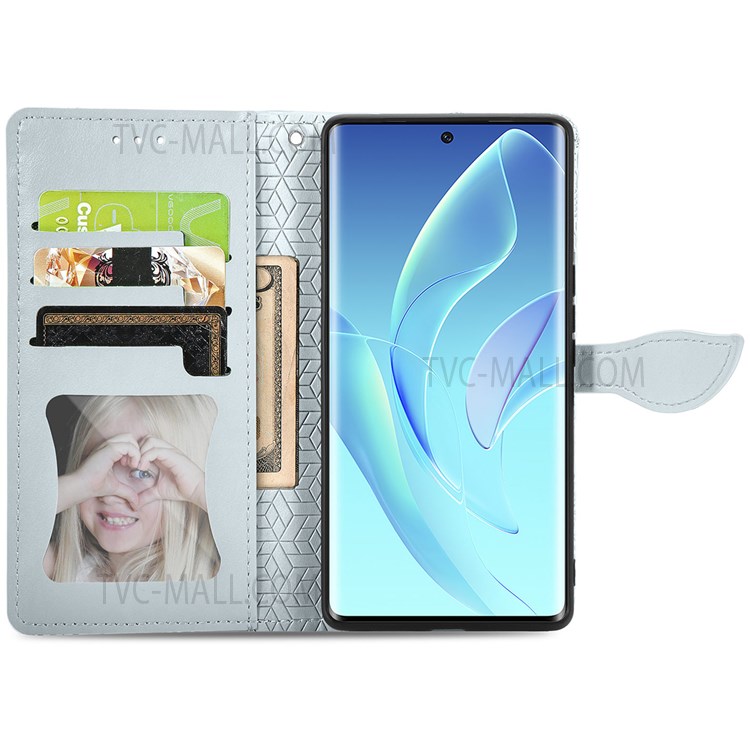 PU Leather Case for Honor 60, Dream Wings Pattern Imprinted Magnetic Closure Stand Feature Flip Wallet Cover with Strap - Grey-4