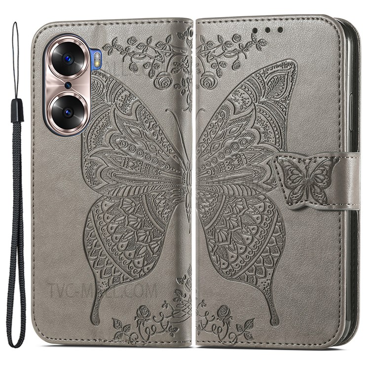 For Honor 60 Butterfly Flower Pattern Imprinted PU Leather Horizontal Stand Magnetic Flip Cover Hand Strap Wallet Case - Grey-1