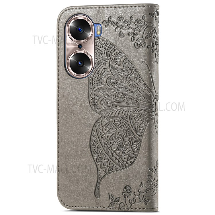 For Honor 60 Butterfly Flower Pattern Imprinted PU Leather Horizontal Stand Magnetic Flip Cover Hand Strap Wallet Case - Grey-3