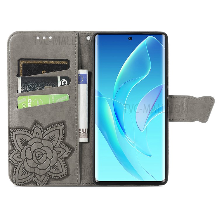 For Honor 60 Butterfly Flower Pattern Imprinted PU Leather Horizontal Stand Magnetic Flip Cover Hand Strap Wallet Case - Grey-4