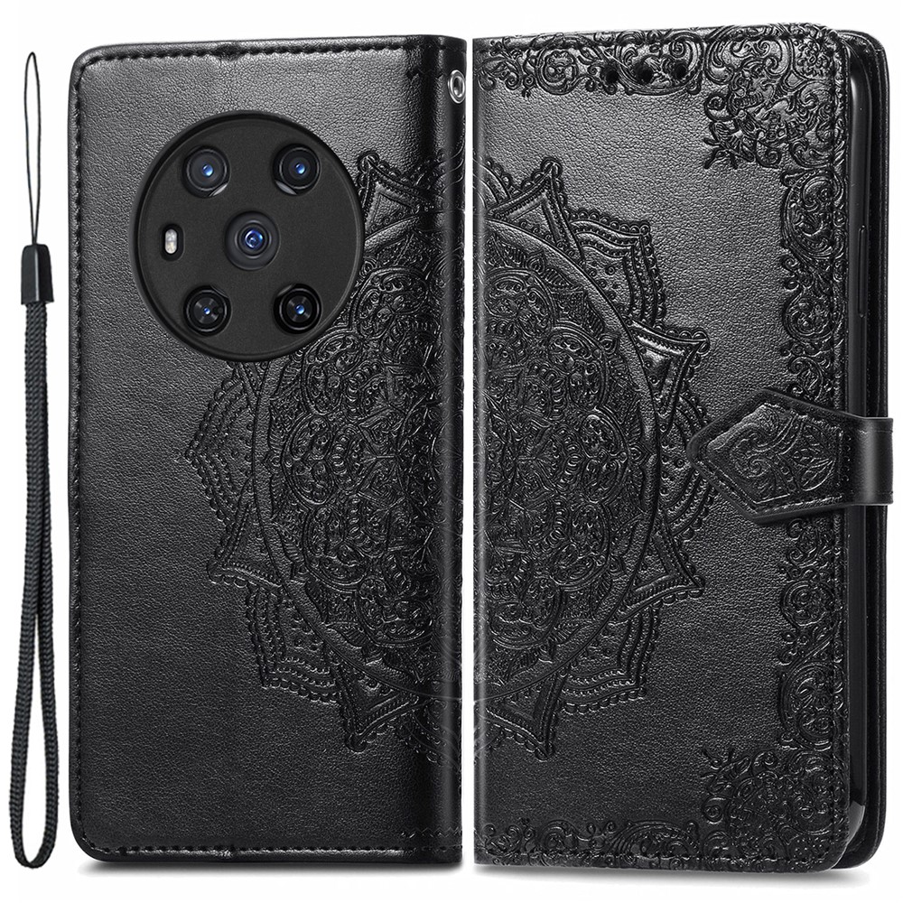 For Honor Magic3 Protective Phone Case Mandala Embossed Shockproof Phone Cover Shell with Stand Wallet - Black-1