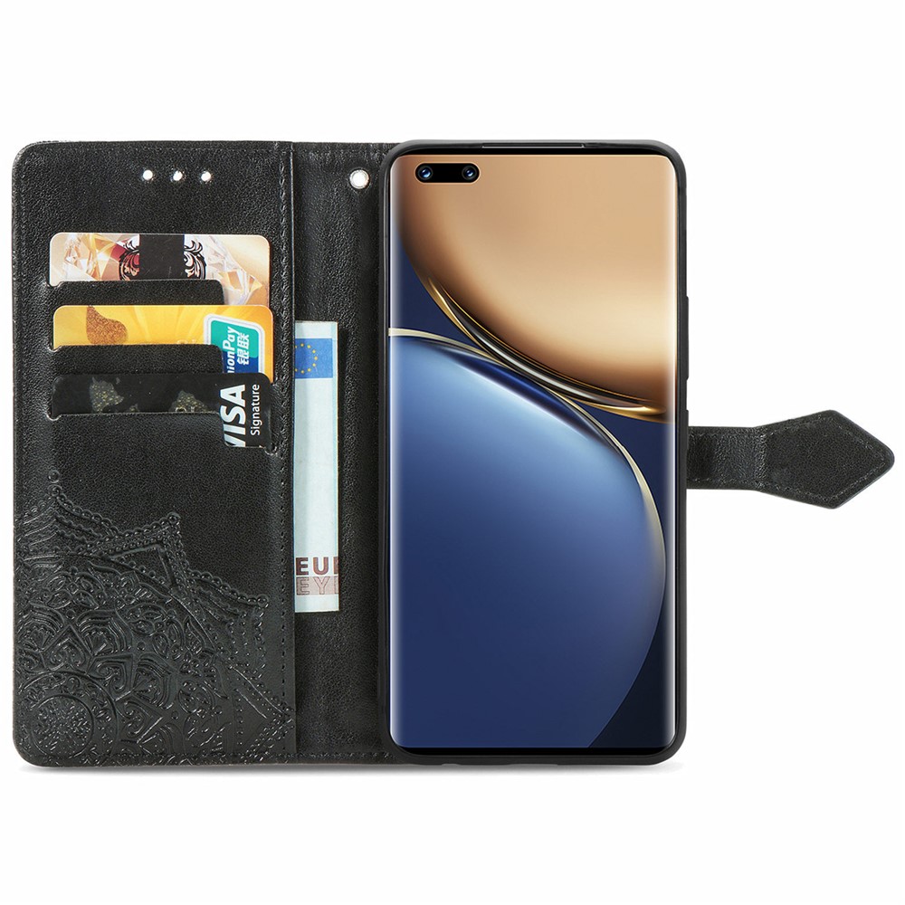 For Honor Magic3 Pro Shockproof Phone Case Mandala Embossed Phone Cover Shell with Stand Wallet - Black-4