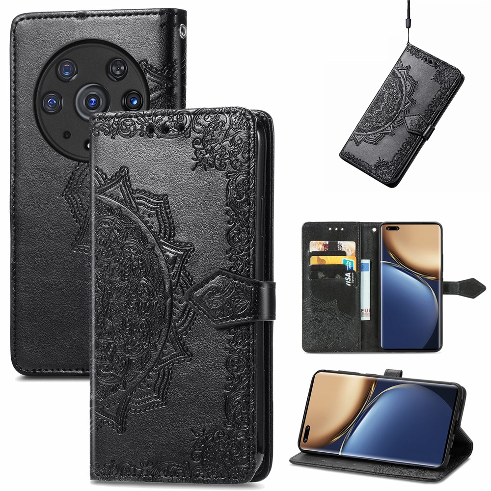 For Honor Magic3 Pro Shockproof Phone Case Mandala Embossed Phone Cover Shell with Stand Wallet - Black-6