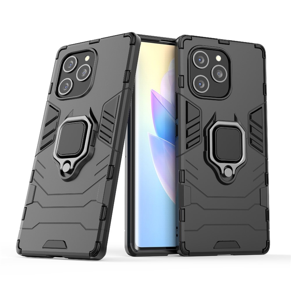 For Honor 60 SE Shockproof Anti-scratch Hard PC + Soft TPU Hybrid Cover Mobile Phone Case with Ring Kickstand - Black-1