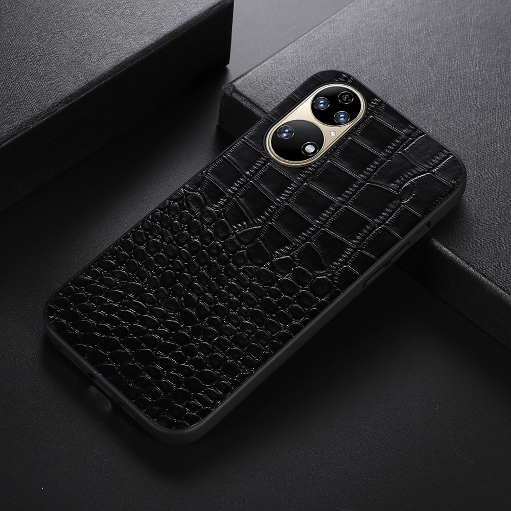 For Huawei P50 Precise Cutout Crocodile Texture Case Genuine Cowhide Leather Coating PC + TPU Protector - Black-2