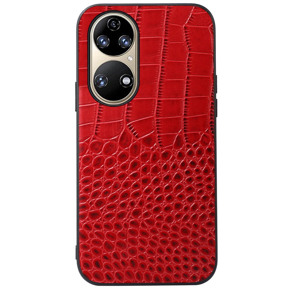 For Huawei P50 Precise Cutout Crocodile Texture Case Genuine Cowhide Leather Coating PC + TPU Protector - Red-1