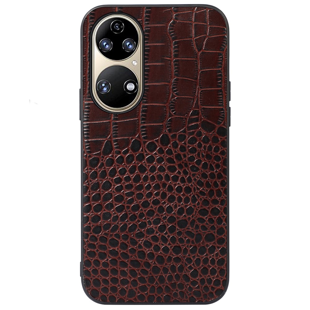 For Huawei P50 Precise Cutout Crocodile Texture Case Genuine Cowhide Leather Coating PC + TPU Protector - Coffee-1