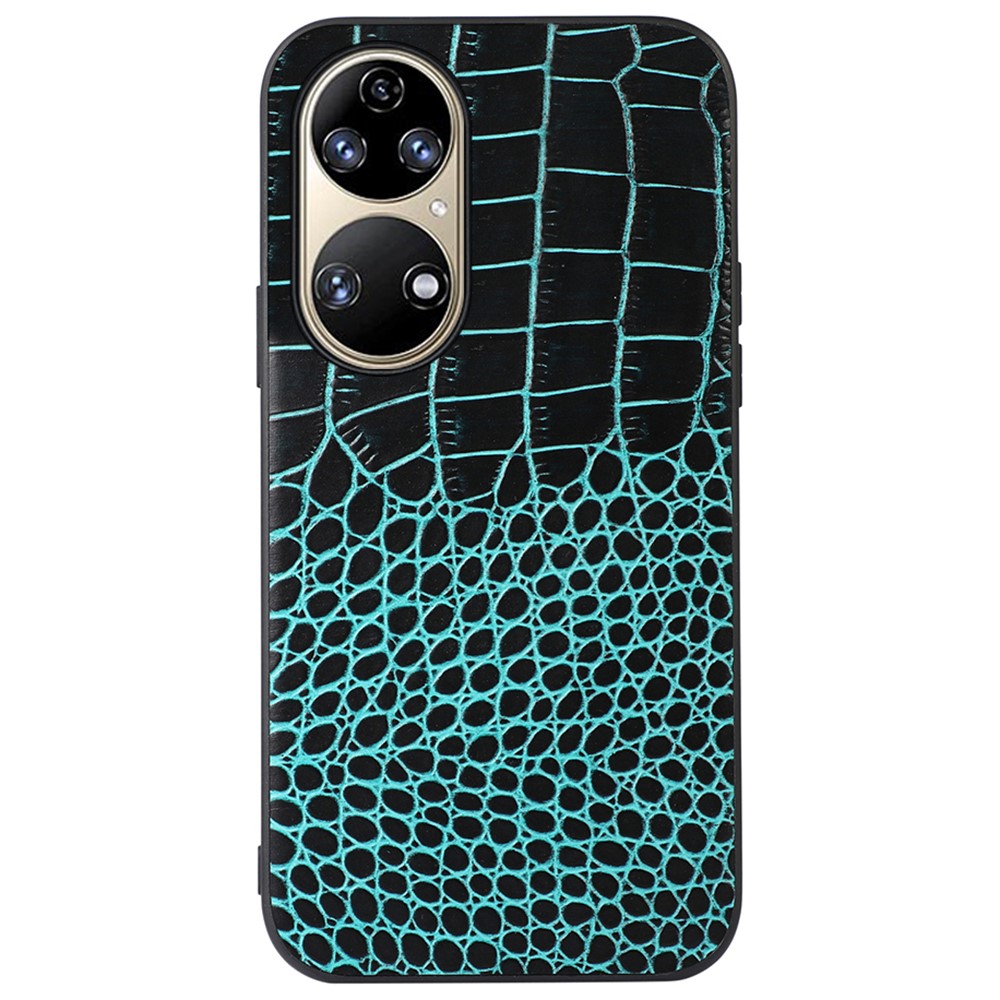 For Huawei P50 Precise Cutout Crocodile Texture Case Genuine Cowhide Leather Coating PC + TPU Protector - Green-1
