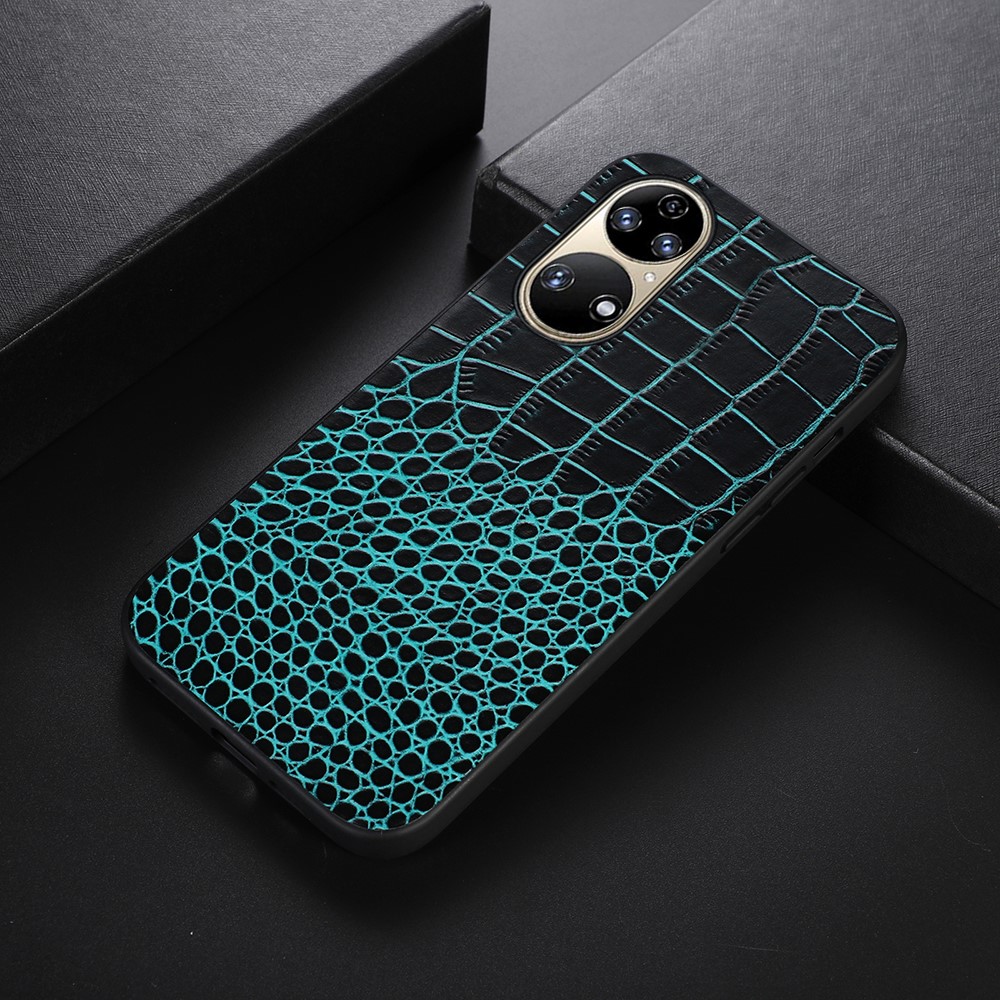 For Huawei P50 Precise Cutout Crocodile Texture Case Genuine Cowhide Leather Coating PC + TPU Protector - Green-2