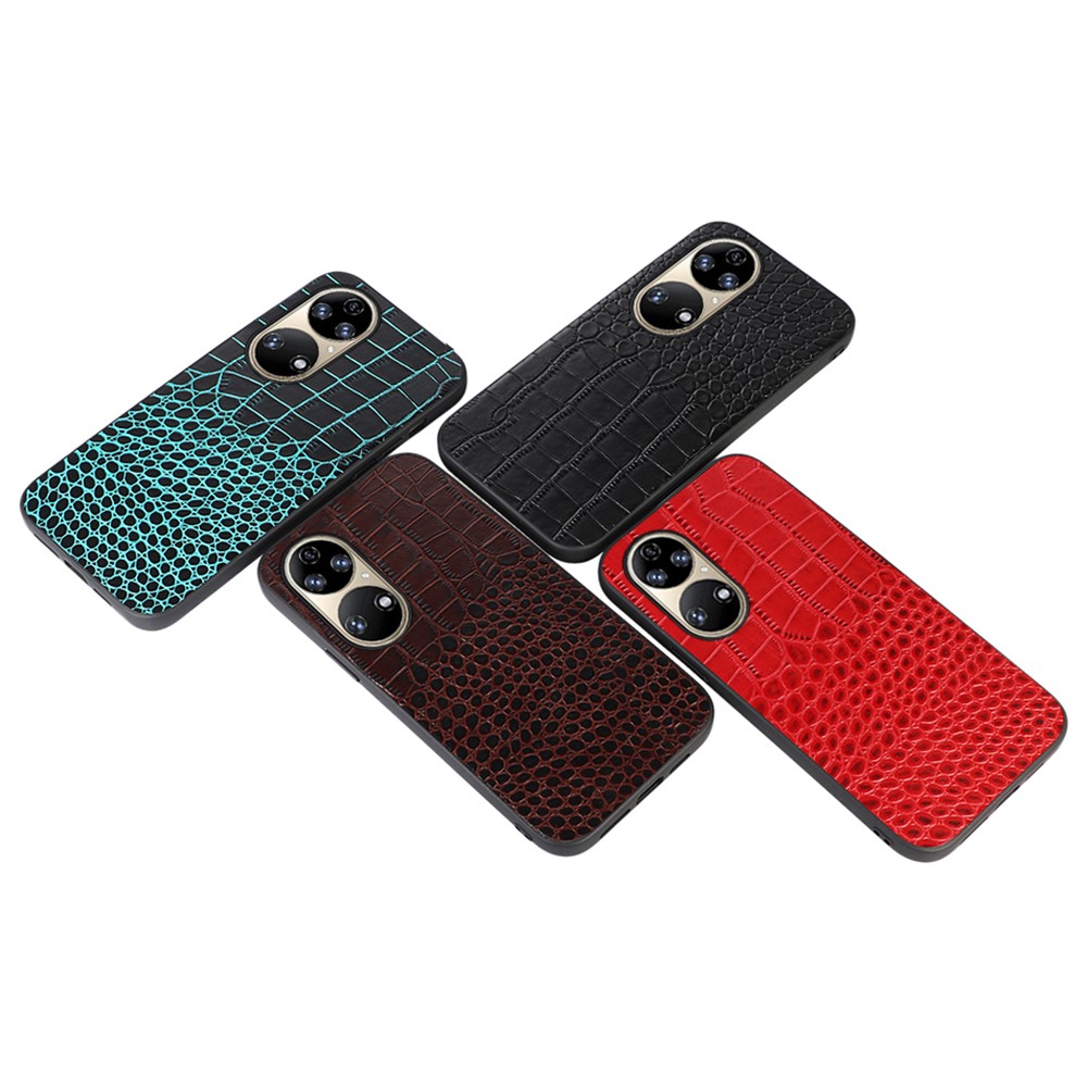 For Huawei P50 Precise Cutout Crocodile Texture Case Genuine Cowhide Leather Coating PC + TPU Protector - Green-3