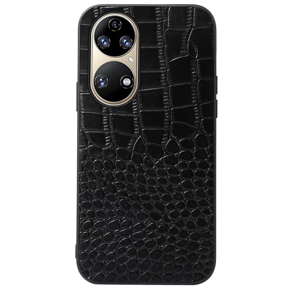 For Huawei P50 Scratch-resistant Crocodile Texture Phone Cover Genuine Cowhide Leather Coating PC + TPU Case - Black-1