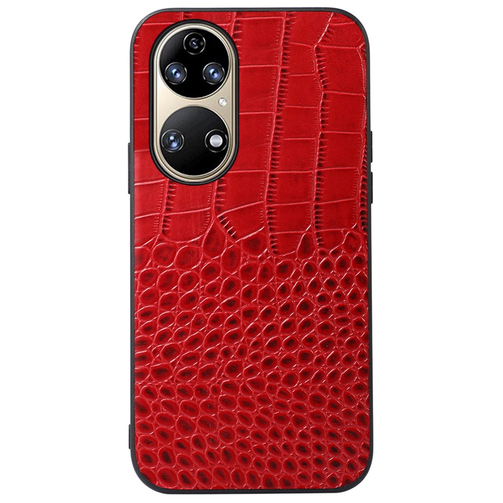For Huawei P50 Scratch-resistant Crocodile Texture Phone Cover Genuine Cowhide Leather Coating PC + TPU Case - Red-1