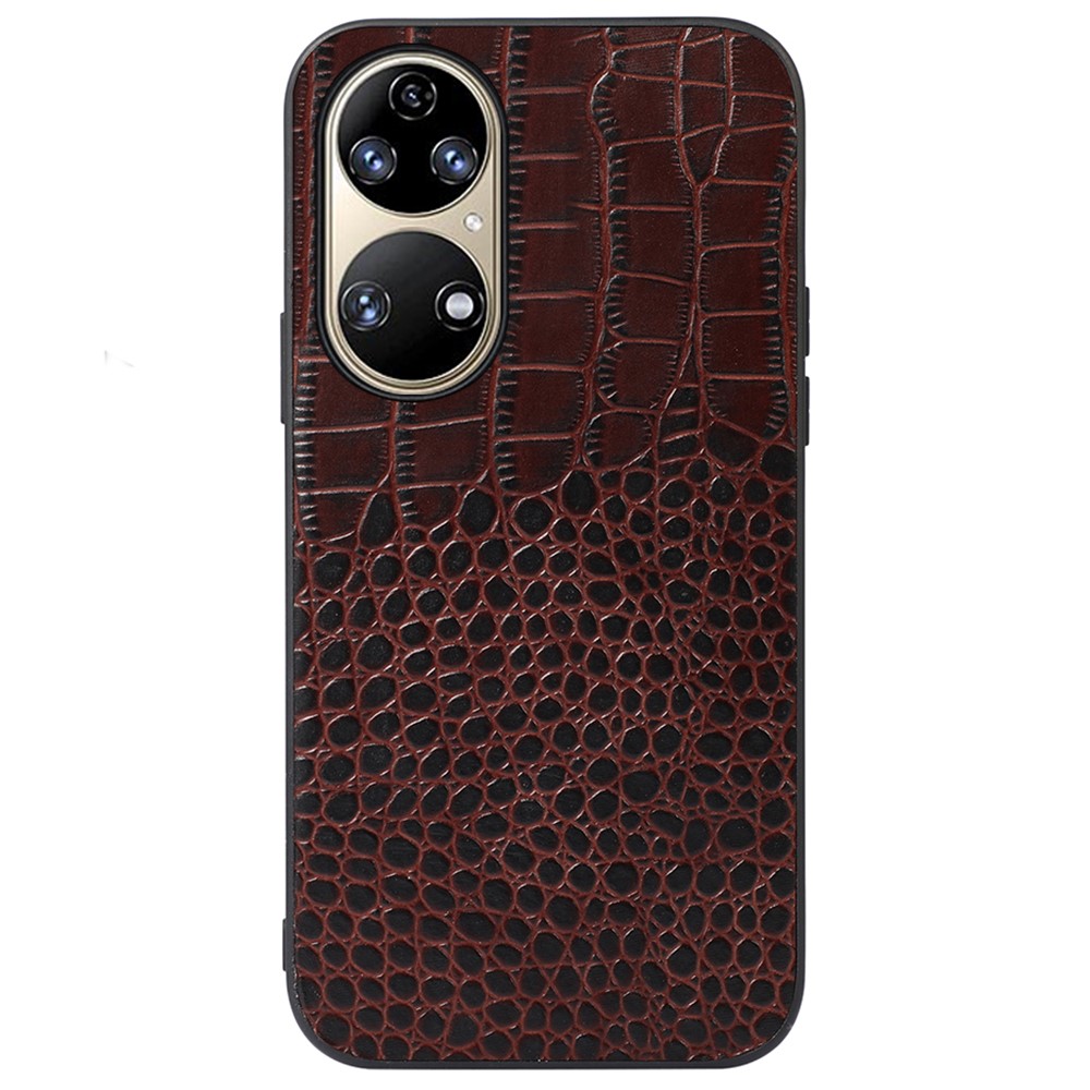 For Huawei P50 Scratch-resistant Crocodile Texture Phone Cover Genuine Cowhide Leather Coating PC + TPU Case - Coffee-1