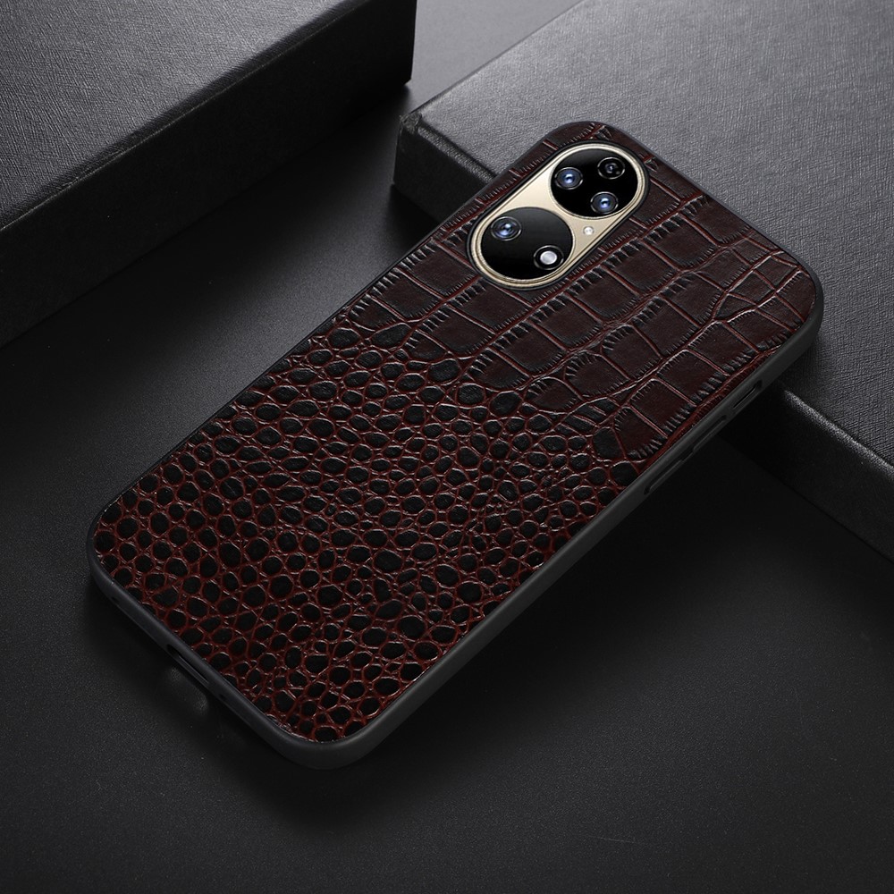 For Huawei P50 Scratch-resistant Crocodile Texture Phone Cover Genuine Cowhide Leather Coating PC + TPU Case - Coffee-2