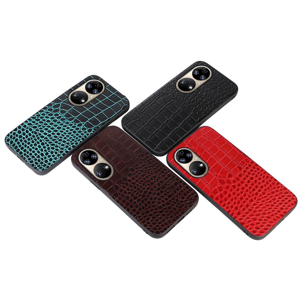 For Huawei P50 Scratch-resistant Crocodile Texture Phone Cover Genuine Cowhide Leather Coating PC + TPU Case - Coffee-3