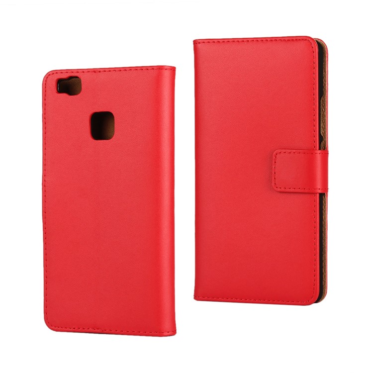Genuine Split Leather Wallet Case with Stand for Huawei P9 Lite - Red-1