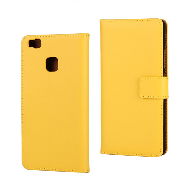 Genuine Split Leather Magnetic Case with Card Slots for Huawei P9 Lite - Yellow-1