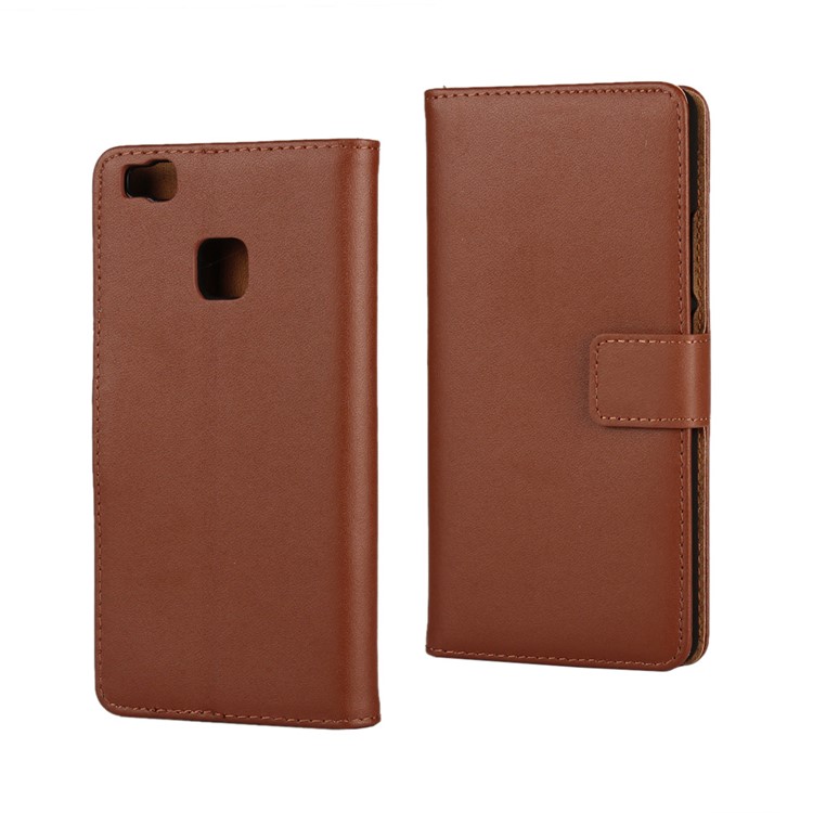 Genuine Split Leather Wallet Case for Huawei P9 Lite - Brown-1