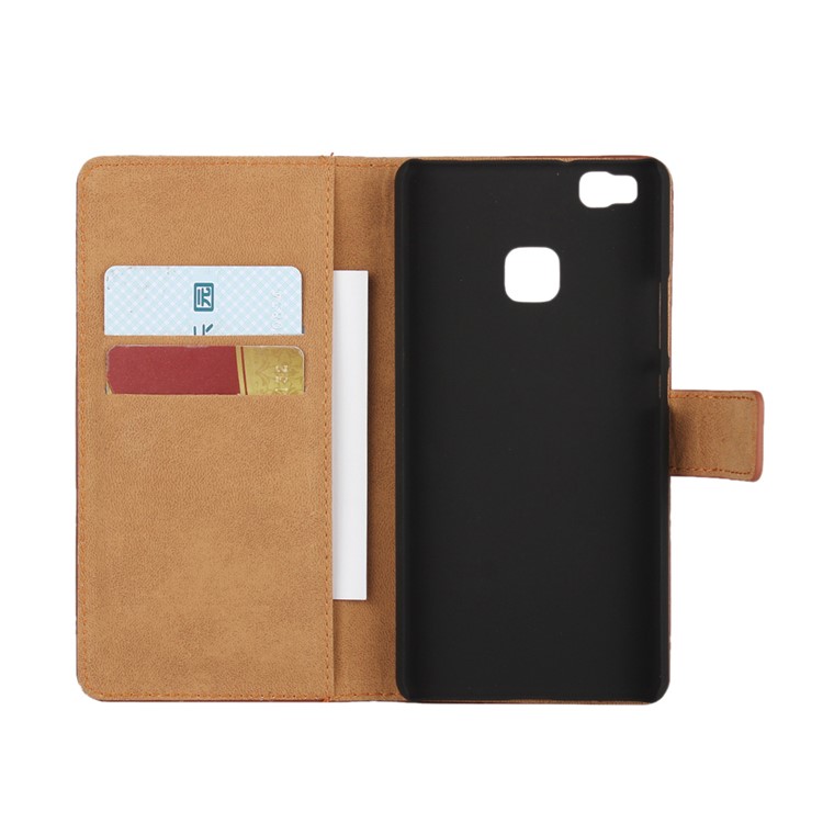 Genuine Split Leather Wallet Case for Huawei P9 Lite - Brown-4