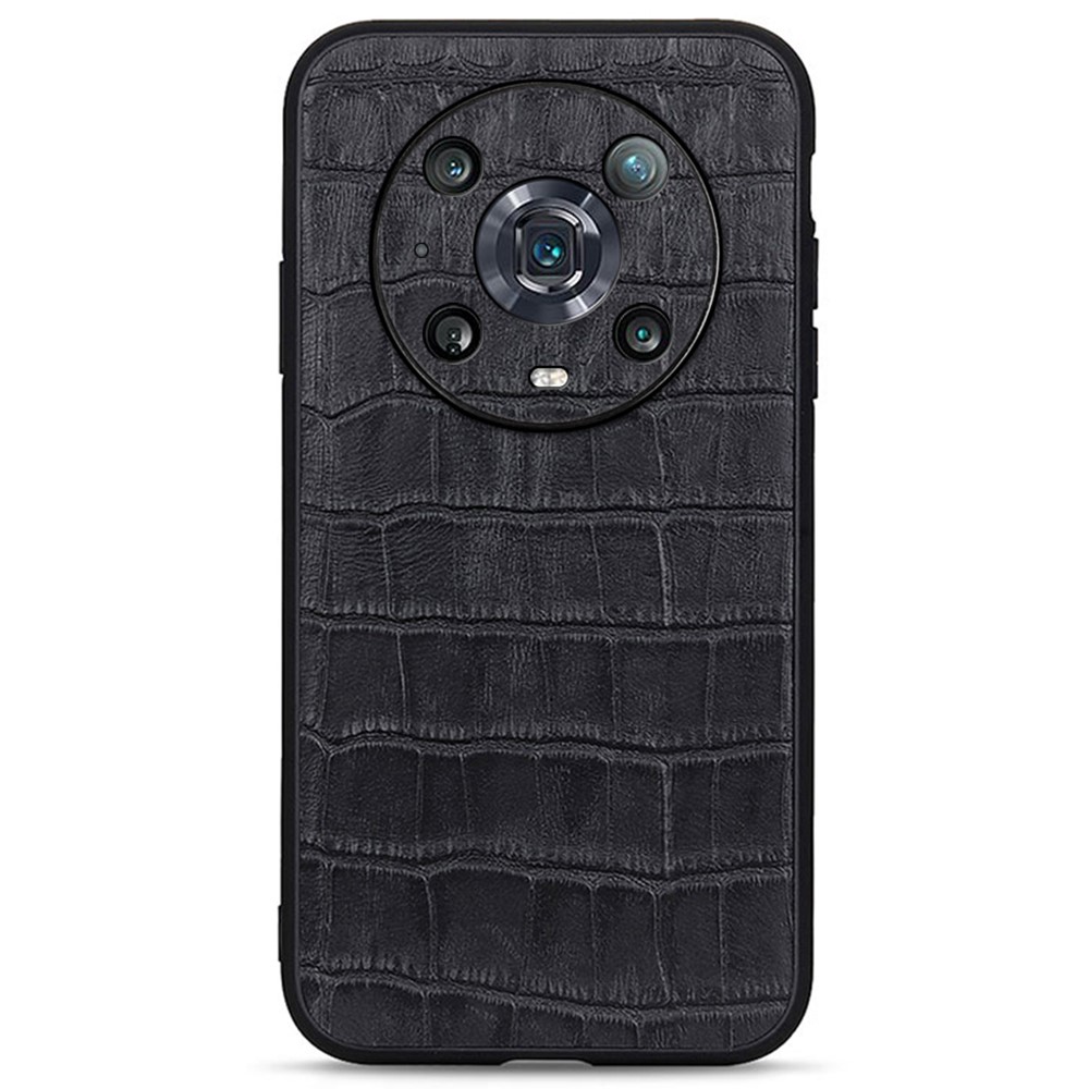 Crocodile Texture Genuine Leather Phone Case for Honor Magic4 Pro, Shock-Absorbent Hybrid Bottom Case - Black-1