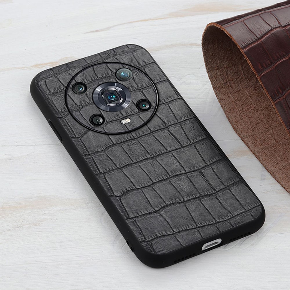 Crocodile Texture Genuine Leather Phone Case for Honor Magic4 Pro, Shock-Absorbent Hybrid Bottom Case - Black-3