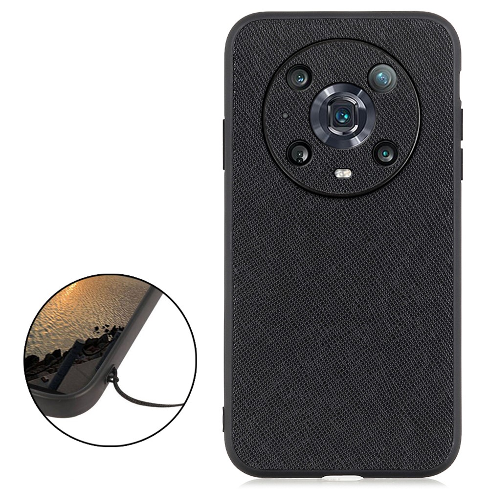 For Honor Magic4 Pro Precise Cut-Out Cross Texture Genuine Leather Phone Back Cover Coated TPU + PC Hybrid Case Phone Accessory - Black-2
