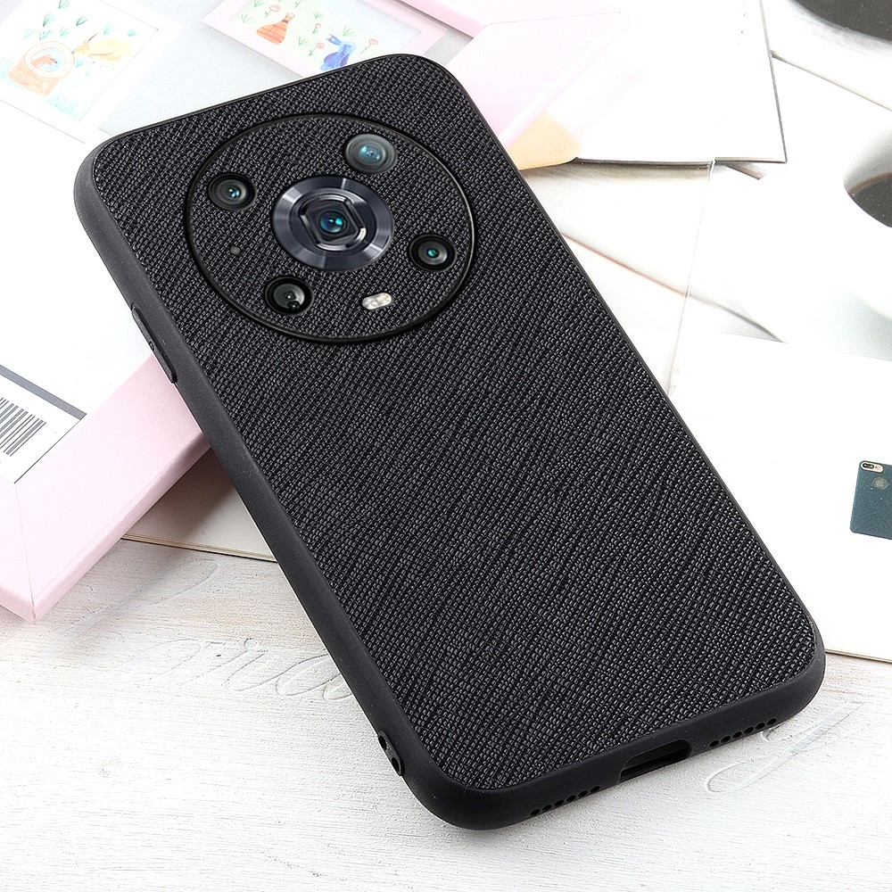 For Honor Magic4 Pro Precise Cut-Out Cross Texture Genuine Leather Phone Back Cover Coated TPU + PC Hybrid Case Phone Accessory - Black-3