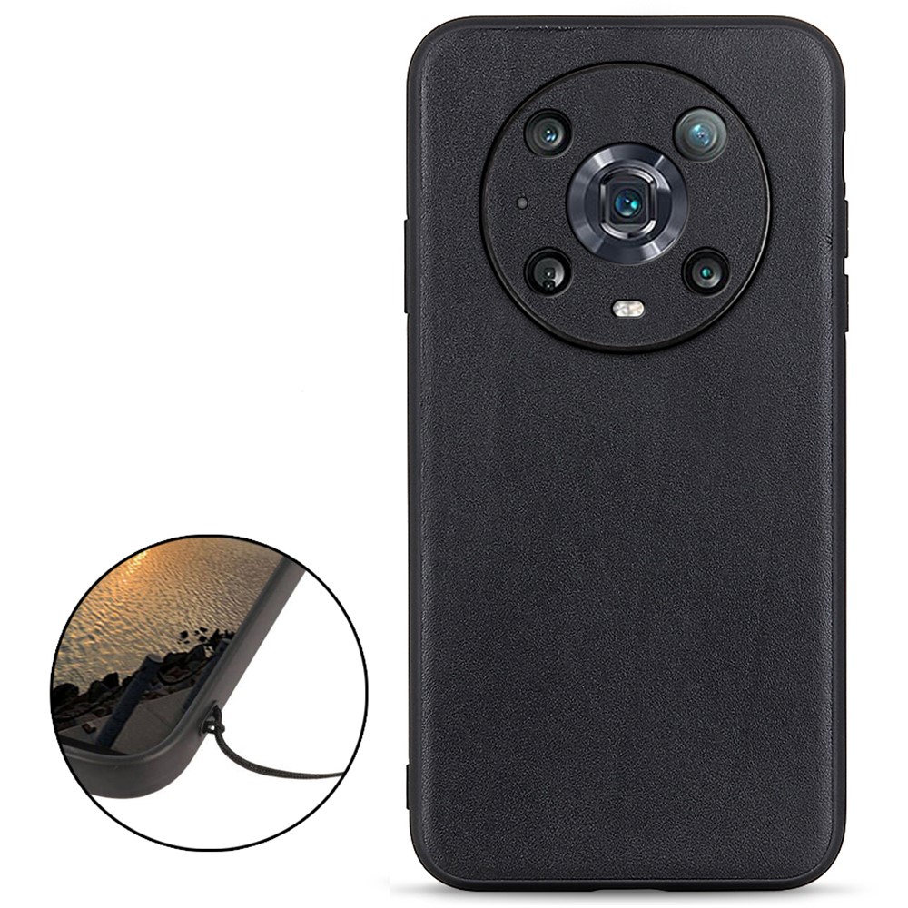 For Honor Magic4 Pro Textured Genuine Leather Phone Back Cover Coated TPU + PC Hybrid Case Phone Accessory - Black-2