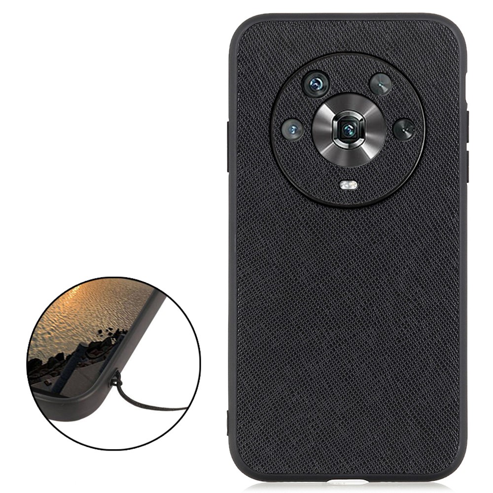Precise Cut-Out Cross Texture Genuine Leather Phone Back Cover for Honor Magic4, Hybrid Bottom Case Phone Accessory - Black-2