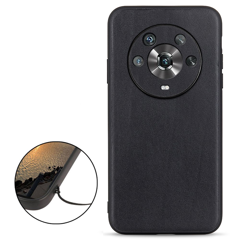 Textured Genuine Leather Phone Back Cover for Honor Magic4 Precise Cut-Out Hybrid Case Phone Accessory - Black-2