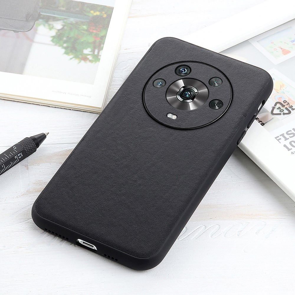 Textured Genuine Leather Phone Back Cover for Honor Magic4 Precise Cut-Out Hybrid Case Phone Accessory - Black-3