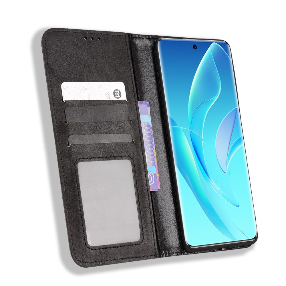 For Honor 60 PU Leather Wallet Vintage Cell Phone Case Mosaic Imprinted Shockproof Magnetic Anti-fall Cover - Black-4